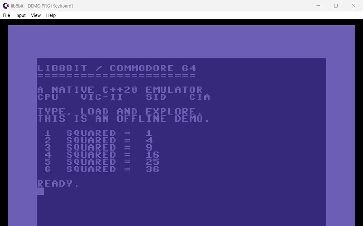 lib8bit's Windows host running a Commodore 64 BASIC demo